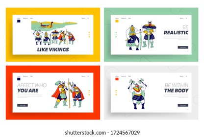 Vikings Landing Page Template Set. Male Characters Wearing Skins, Helmets with Horns and Holding Armor Swords and Axes Stand on Coastline with Rook Floating on Water. Linear People Vector Illustration