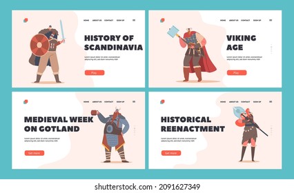 Conjunto de plantillas de la página de inicio de Vikings. Personajes masculinos y femeninos con piel y espadas, martillo y hacha. Soldados nórdicos medievales, bárbaros. Ilustración de vectores de personas de caricatura