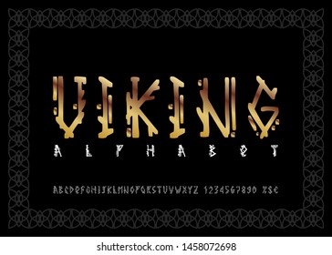 Vikings letras set. Viejo escandinavo norso corre. Alfabeto rúdico, futhark. Fuente y número de estilo celta. Antiguos símbolos ocultos. Sobre fondo negro. Vector