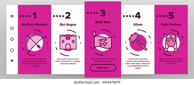 Vikings Life Active Rest Vector Onboarding Mobile App Page Screen. Vikings Accessories, Weapons, Ammunition Linear Pictograms. Traditional Scandinavian Swords, Axes, Helmets Illustrations