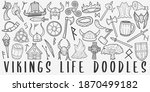 Vikings Life, doodle icon set. Warriors Style Vector illustration collection. Banner Hand drawn Line art style.