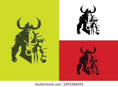 Vikings logo design. Nordic warrior symbol. Horned Norseman emblem. Barbarian man head icon with horn helmet and beard	