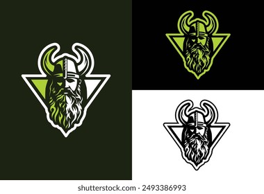 Vikings logo design. Nordic warrior symbol. Horned Norseman emblem. Barbarian man head icon with horn helmet and beard