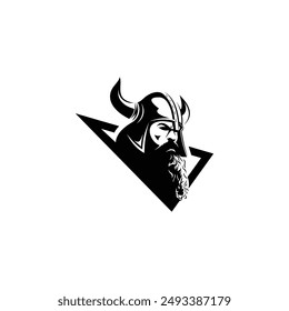 Vikings logo design. Nordic warrior symbol. Horned Norseman emblem. Barbarian man head icon with horn helmet and beard