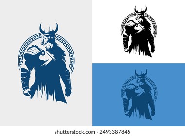 Vikings logo design. Nordic warrior symbol. Horned Norseman emblem. Barbarian man head icon with horn helmet and beard