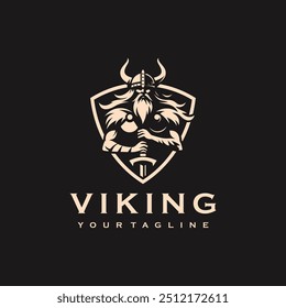 Projeto do logotipo da Vikings. Símbolo de guerreiro nórdico. O emblema da Norseman. Ícone de cabeça de homem bárbaro com capacete chifre e barba	