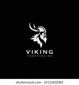 Vikings logo design. Nordic warrior symbol. Horned Norseman emblem. Barbarian man head icon with horn helmet and beard	