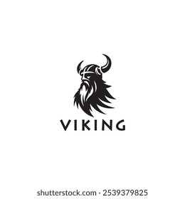 Vikings logo design. Nordic warrior symbol. Horned Norseman emblem. Barbarian man head icon with horn helmet and beard	