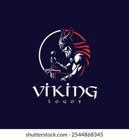 Projeto do logotipo da Vikings. Símbolo de guerreiro nórdico. O emblema da Norseman. Ícone de cabeça de homem bárbaro com capacete chifre e barba