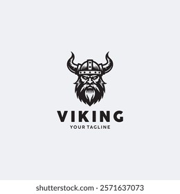 Vikings logo design. Nordic warrior symbol. Horned Norseman emblem. Barbarian man head icon with horn helmet and beard