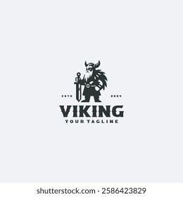 Vikings logo design. Nordic warrior symbol. Horned Norseman emblem. Barbarian man head icon with horn helmet and beard	