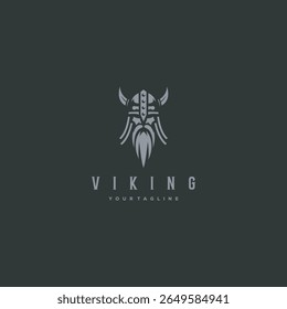 Vikings logo design. Nordic warrior symbol. Horned Norseman emblem. Barbarian man head icon with horn helmet and beard