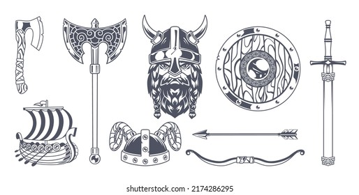 Vikings. Nordic agressive warrior stuff sword axe helmet armor skull horn exact vector mascots of medieval barbarians