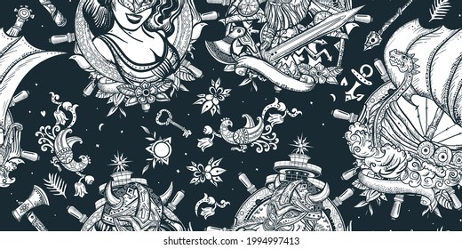 Vikings. Northern History. Seamless Pattern. Traditional Tattooing Style. Scandinavian Culture. Valhalla Art. Medieval Barbarian, Long Boat, Woman Warrior