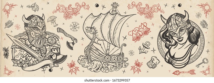 Vikings. Colección vectorial de tatuajes de la vieja escuela. Bárbaro medieval, barco largo, mujer guerrera. Arte Valhalla, historia del norte. Estilo tradicional de tatuaje. Cultura escandinava