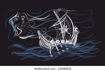 Vikings on a ship. Ancient God blows a wind