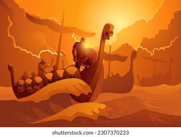 The vikings on the ship were sailing across the ocean to England, vector illustration