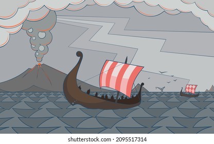 The Vikings are on the way to pillage.
Norsemen's drakas are sailing on a backdrop of a volcano erruption.
