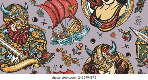 Vikings pattern. Medieval barbarian, long boat, woman warrior. Valhalla art. Northern history. Traditional tattooing style. Old school tattoo background