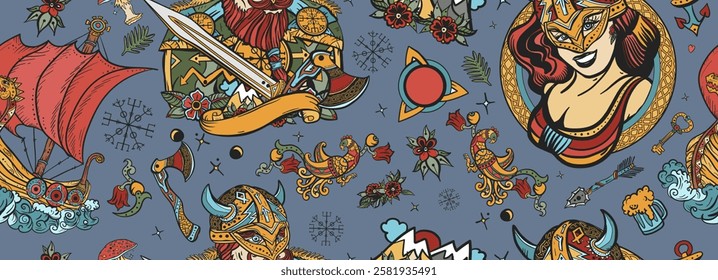 Vikings pattern. Medieval barbarian, long boat and woman warrior. Valhalla art. Northern history background