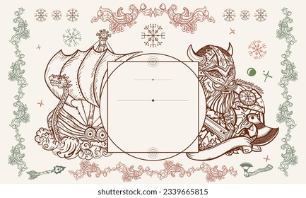 Wikingerhintergrund. Valhalla Art. Northern History Template. Mittelalterliche Barbarei und langes Boot. skandinavische Kultur