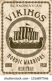 Vikings sailship or drakkar boat vector poster in vintage style with grunge textures and sample text