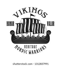 Vikings sailship vector emblem, label, badge, logo or t-shirt print in monochrome style isolated on white background