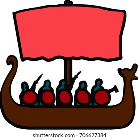 A vikings' scandinavian ship with warriors - drakkar, a symbol of vikings, a war ship, a symbolic image of a viking long ship. Vector isolated illustration. Based on the images from real rune stones.