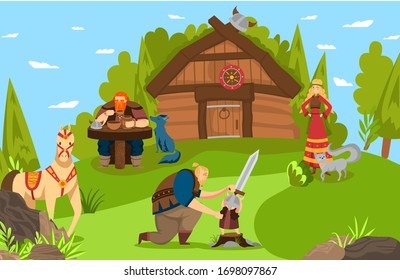 Vikings And Scandinavian Warriors Family And House Lifestyle Cartoon Vector Illustration From Scandinavia History Mythology Comic Art. Vikings Men With Swords, Wife, Home Animals Rural Life.