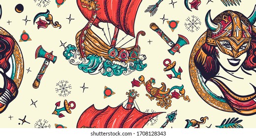 Vikings seamless pattern. Old school tattoo style. Scandinavian culture. Valhalla art. Long boat and woman warrior. Northern history background 