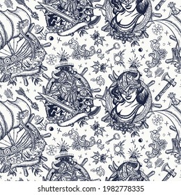 Vikings. Seamless pattern. Traditional tattooing style. Scandinavian culture. Medieval barbarian, long boat, woman warrior. Valhalla art. Northern history
