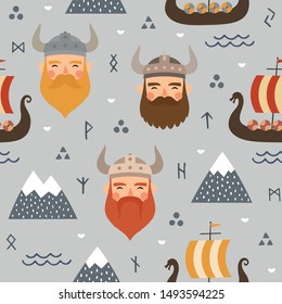 Vikings seamless pattern with viking ship and warrior axe, childish scandinavian vector background, kids apparel, fabric, textile, nursery vector illustration