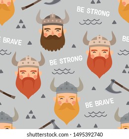 Vikings seamless pattern with viking ship and warrior axe, childish scandinavian vector background, kids apparel, fabric, textile, nursery vector illustration