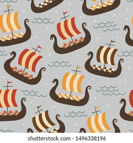 Vikings seamless pattern with viking ship and warrior axe, childish scandinavian vector background, kids apparel, fabric, textile, nursery vector illustration