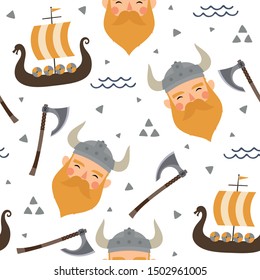 Vikings seamless pattern with viking ship and warrior axe, childish scandinavian vector background, kids apparel, fabric, textile, nursery vector illustration