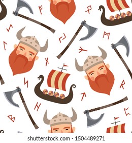 Vikings seamless pattern with viking ship and warrior axe, childish scandinavian vector background, kids apparel, fabric, textile, nursery vector illustration