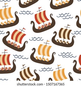 Vikings seamless pattern with viking ship and warrior axe, childish scandinavian vector background, kids apparel, fabric, textile, nursery vector illustration