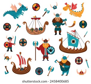 Vikings set. Drakkars, shields, axe, helmet, sword, dragons, Knife	