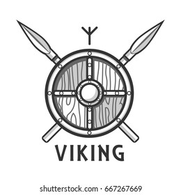 Escudo de vikings con dos lanzas cruzadas y una pequeña pista