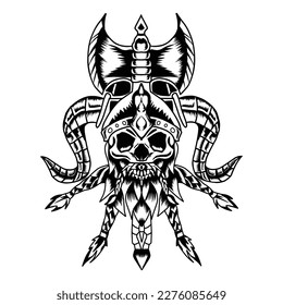 Vikings cráneo con hacha y texto, ilustración de grunge vectorial aislada en fondo blanco, emblema viking, logotipo.