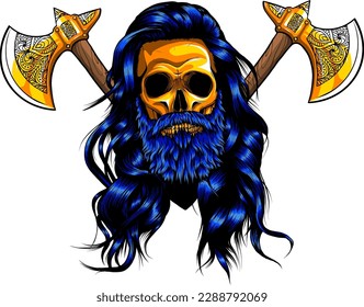 Vikings skull with ax vector illustration isolated on white background. digital hand draw design