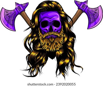 Vikings skull with ax vector illustration isolated on white background. digital hand draw
