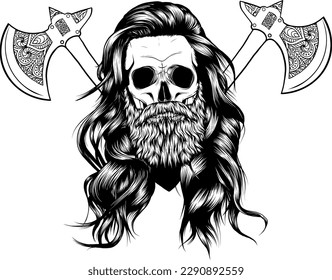 Vikings skull with weapon ax vector grunge illustration isolated on white background