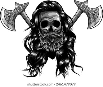 Cráneo vikingos con la ilustración del grunge del Vector del hacha del arma aislada en el fondo blanco