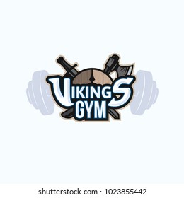Vikings sport logo emblem for gym, long military ship Drakkar, shield with crossed battle ax and sword, vector logotype isolated on white background