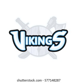 Vikings sport logo emblem, long military ship Drakkar, shield with crossed battle ax and sword, vector logotype isolated on white background