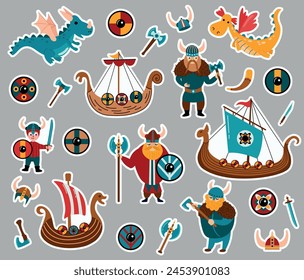 Vikings sticker set.  Drakkars, shields, axe, helmet, sword, dragons, knife
