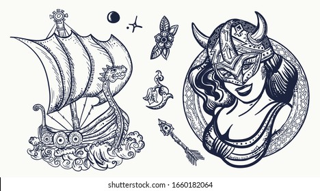 Vikings tattoo collection. Medieval long boat, woman warrior. Scandinavian culture. Valhalla art. Northern history 