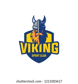 Vikings Team logo. Colorful sport logo label with viking illustration. Vector abstract illustration. Warrior in helmet logo, emblem design, mascot for sports team, vector illustration