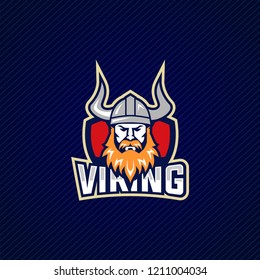 Vikings Team logo. Colorful sport logo label with viking illustration. Vector abstract illustration. Warrior in helmet logo, emblem design, mascot for sports team, vector illustration